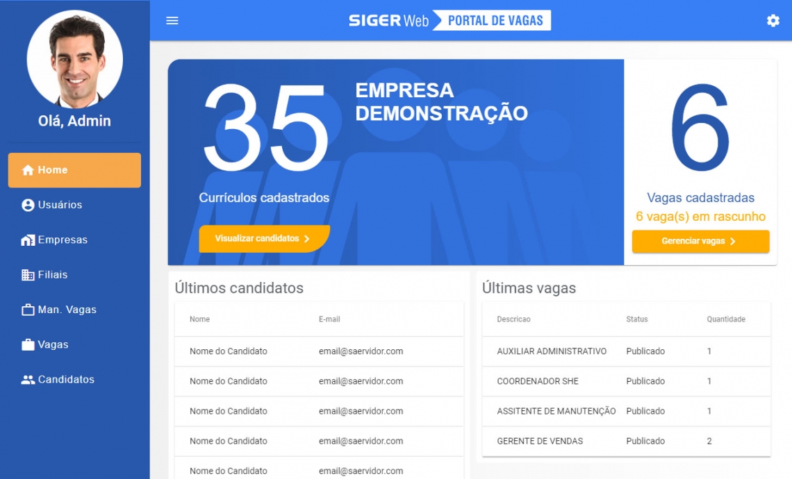 Dashboard do Portal de Vagas.