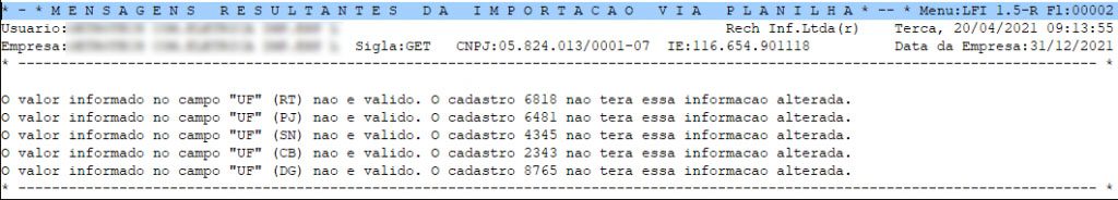 Rotina antiga de Importação de Planilhas