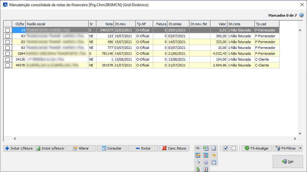 Manutenção Consolidada de Notas do Financeiro.