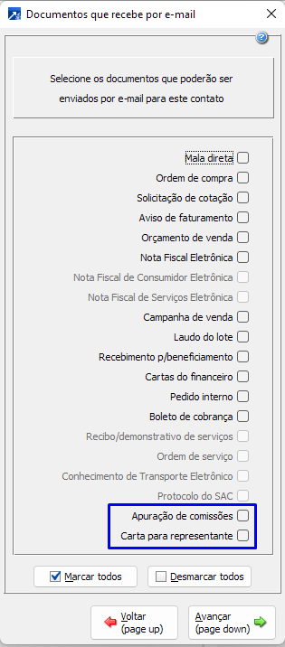 Configurações de contatos para receber.