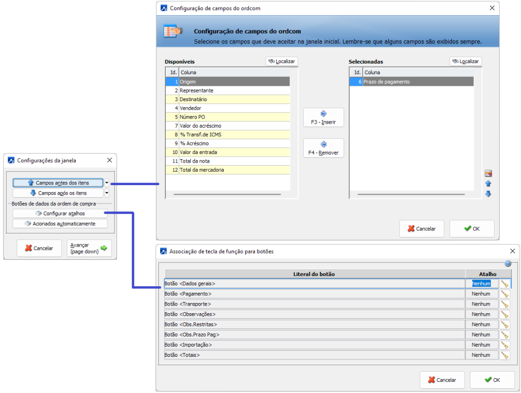 Configuração de campos e atalhos da janela principal