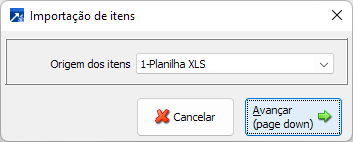 Janela de importação de itens para a OC