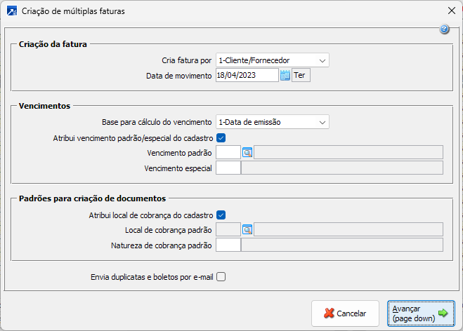 Geração Múltiplas Faturas no Controle Financeiro