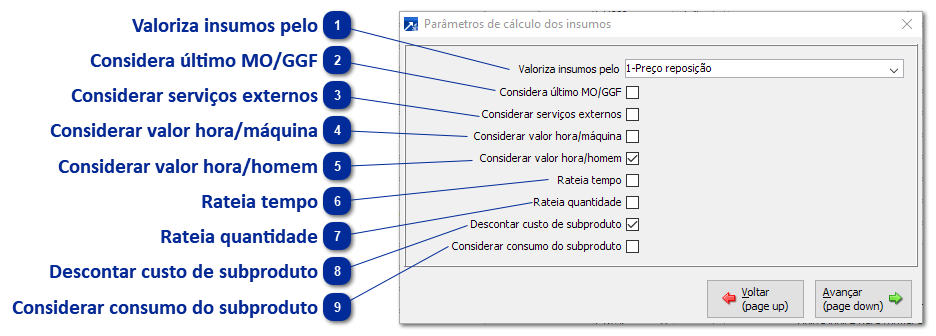 Botão <Parâmetros de Cálculo dos Insumos>