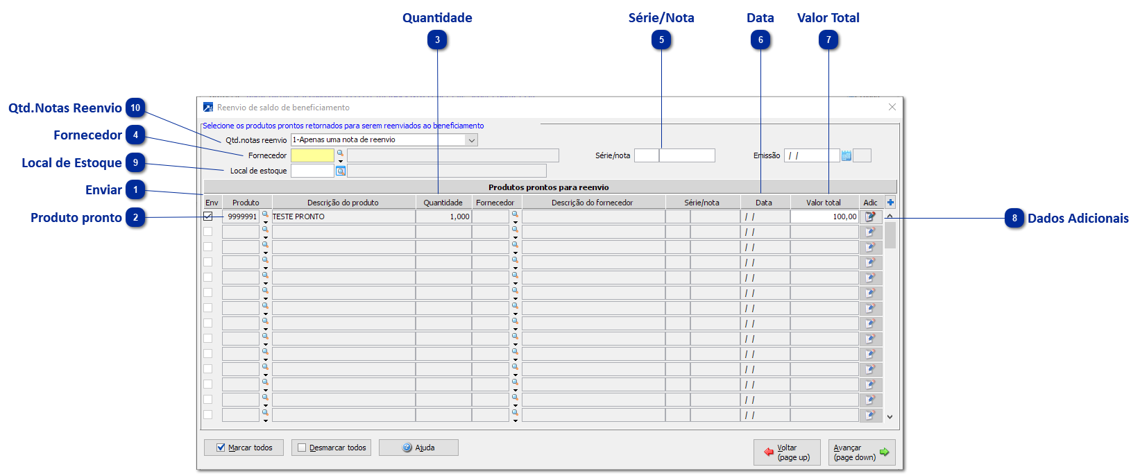 Reenvio de saldo de Beneficiamento