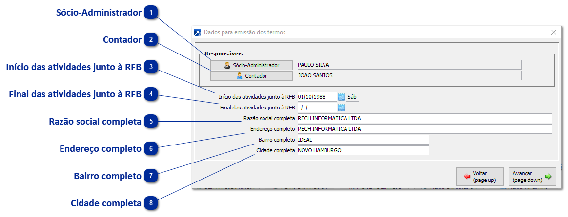 Botão Dados dos Termos