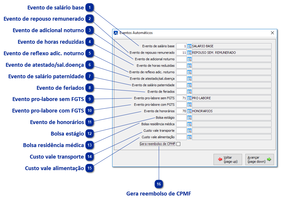 Botão Eventos automáticos