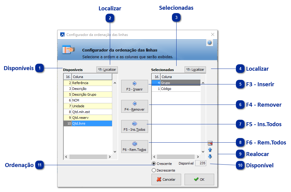 Configurador da Ordenação das Linhas