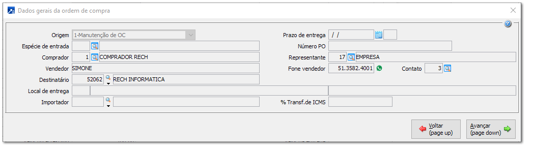 Dados Gerais da Ordem de Compra