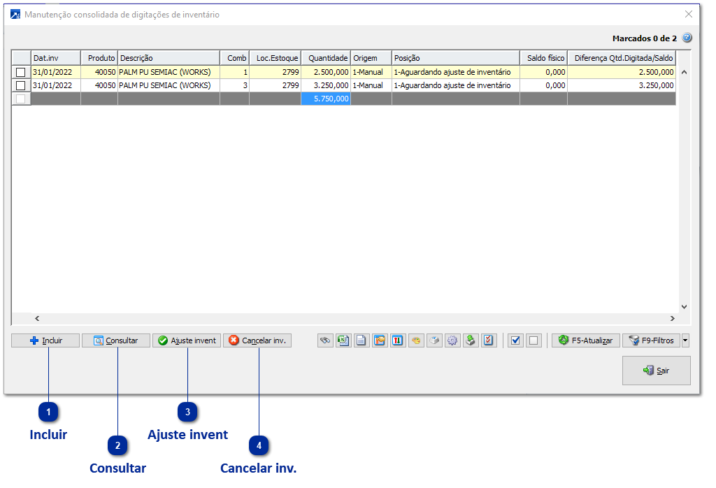 Manutenção consolidada Digitação Inventário Estoque