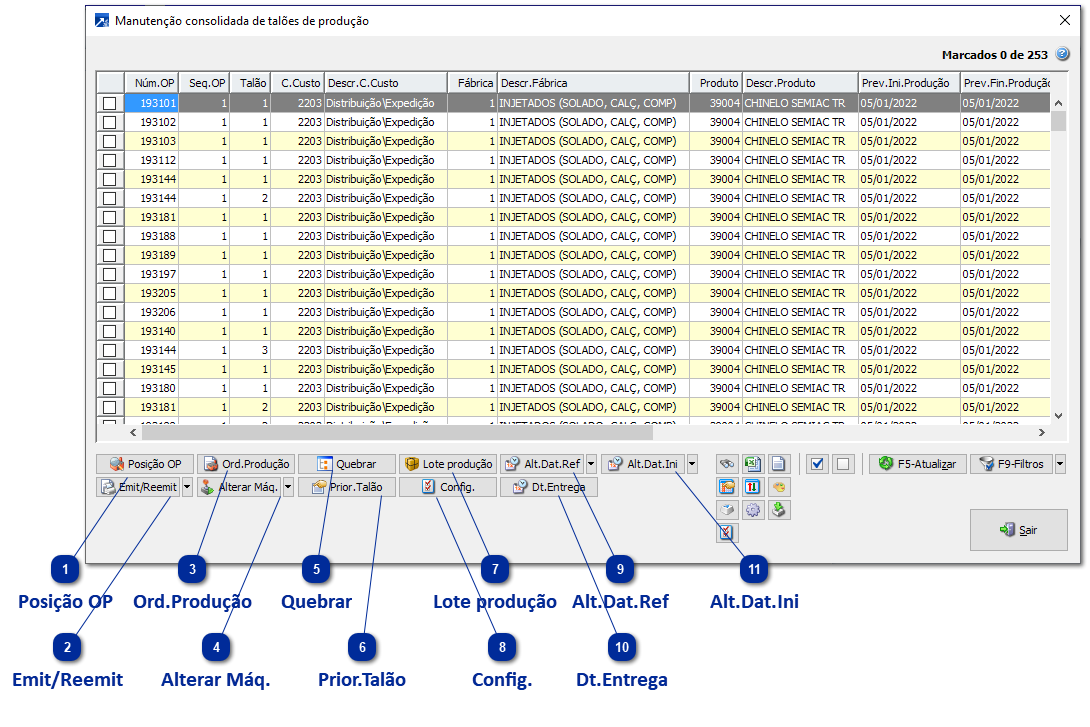 Manutenção consolidada de talões de produção