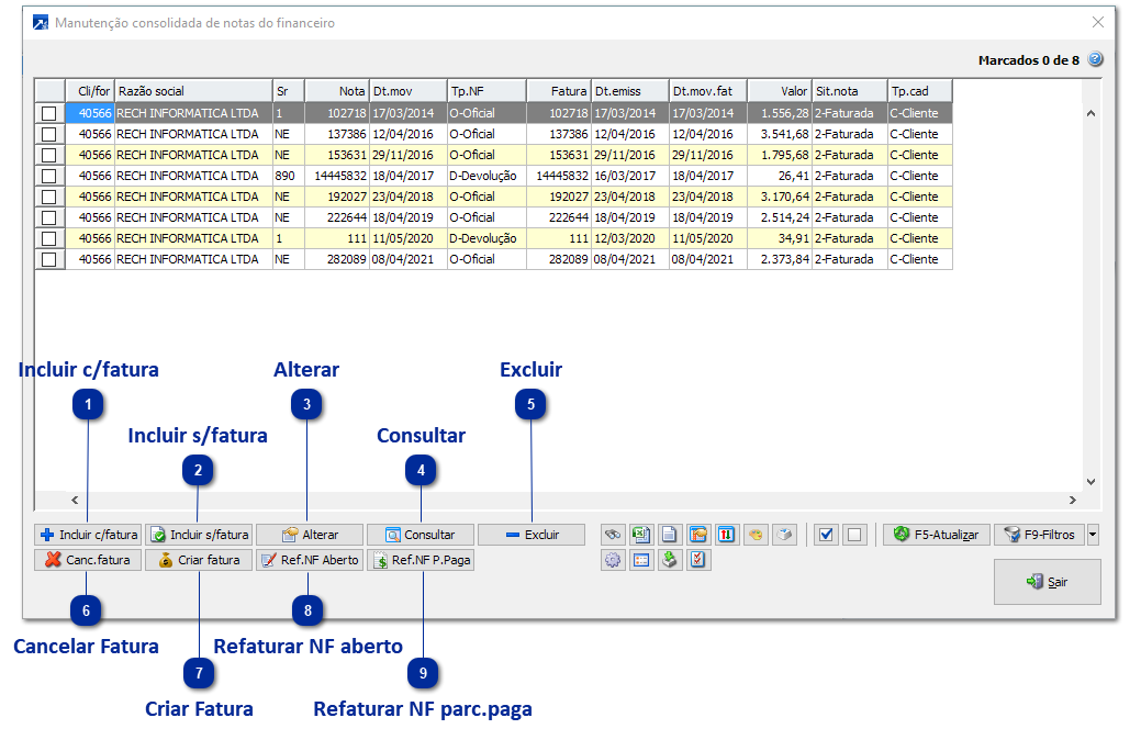 Manutenção consolidada de Notas do Financeiro