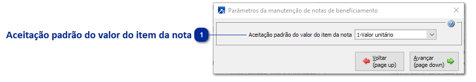 Parâmetros da manutenção de notas de beneficiamento
