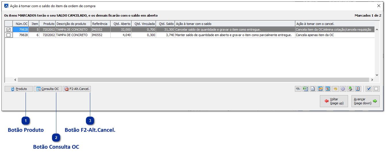Seleção da ação sobre o saldo do item da Ordem de Compra