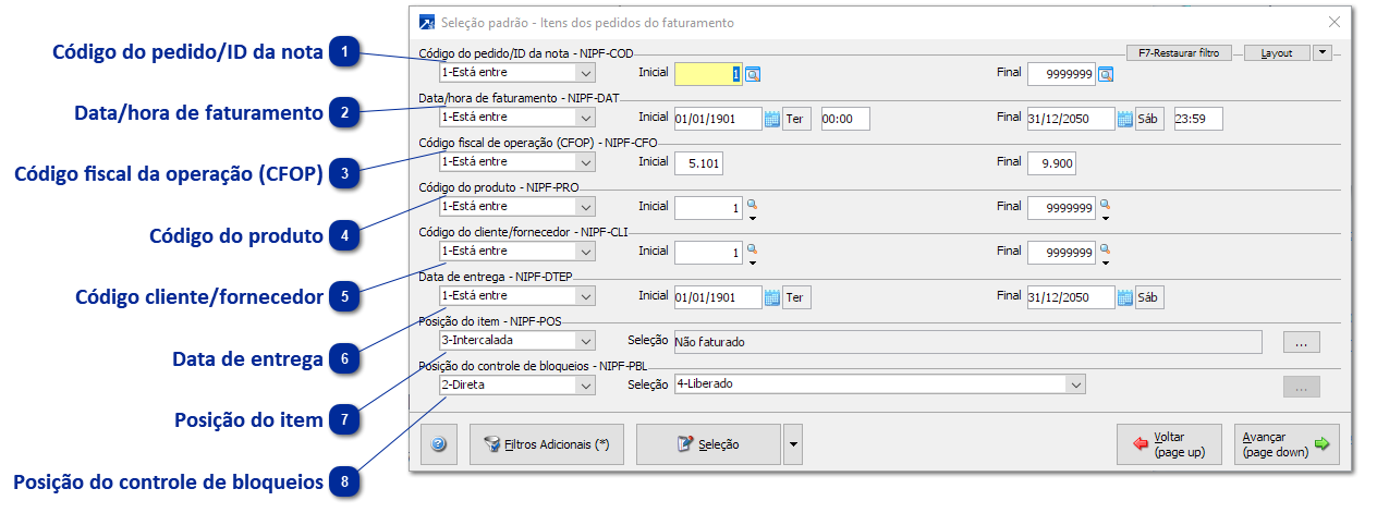 Seleções padrões - Itens do faturamento
