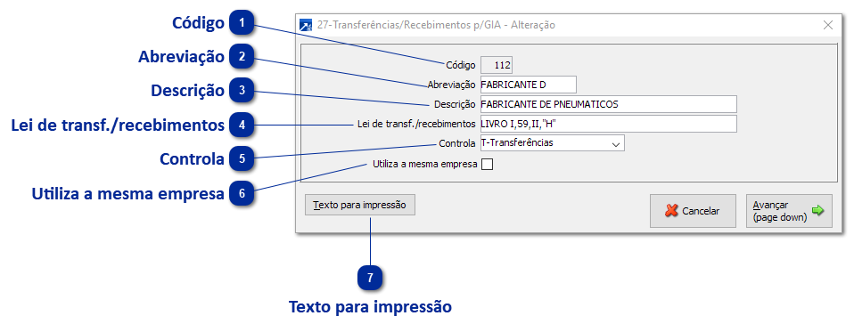 27 - Códigos de Transferências/Recebimentos - GIA