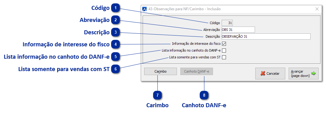 43 - Observações para NF/Carimbo