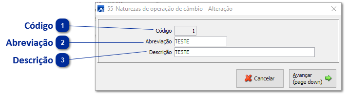 55 - Natureza de Operação de Câmbio