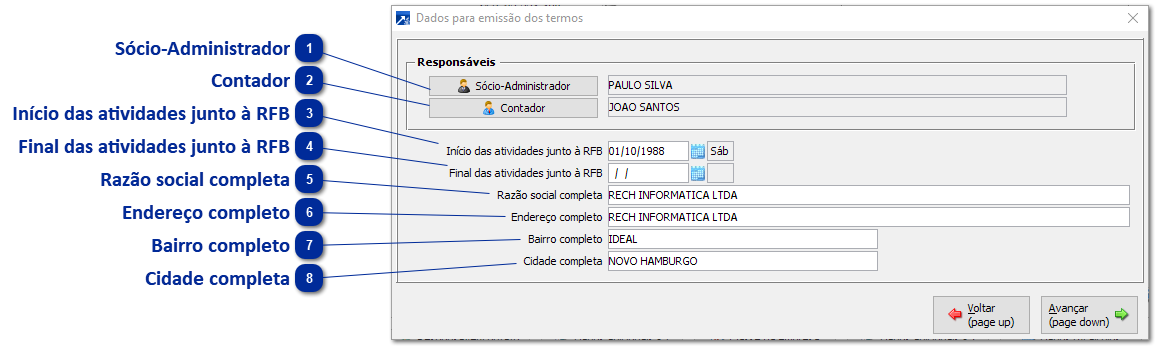 Botão Dados dos Termos