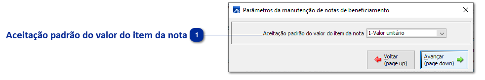 Parâmetros da manutenção de notas de beneficiamento