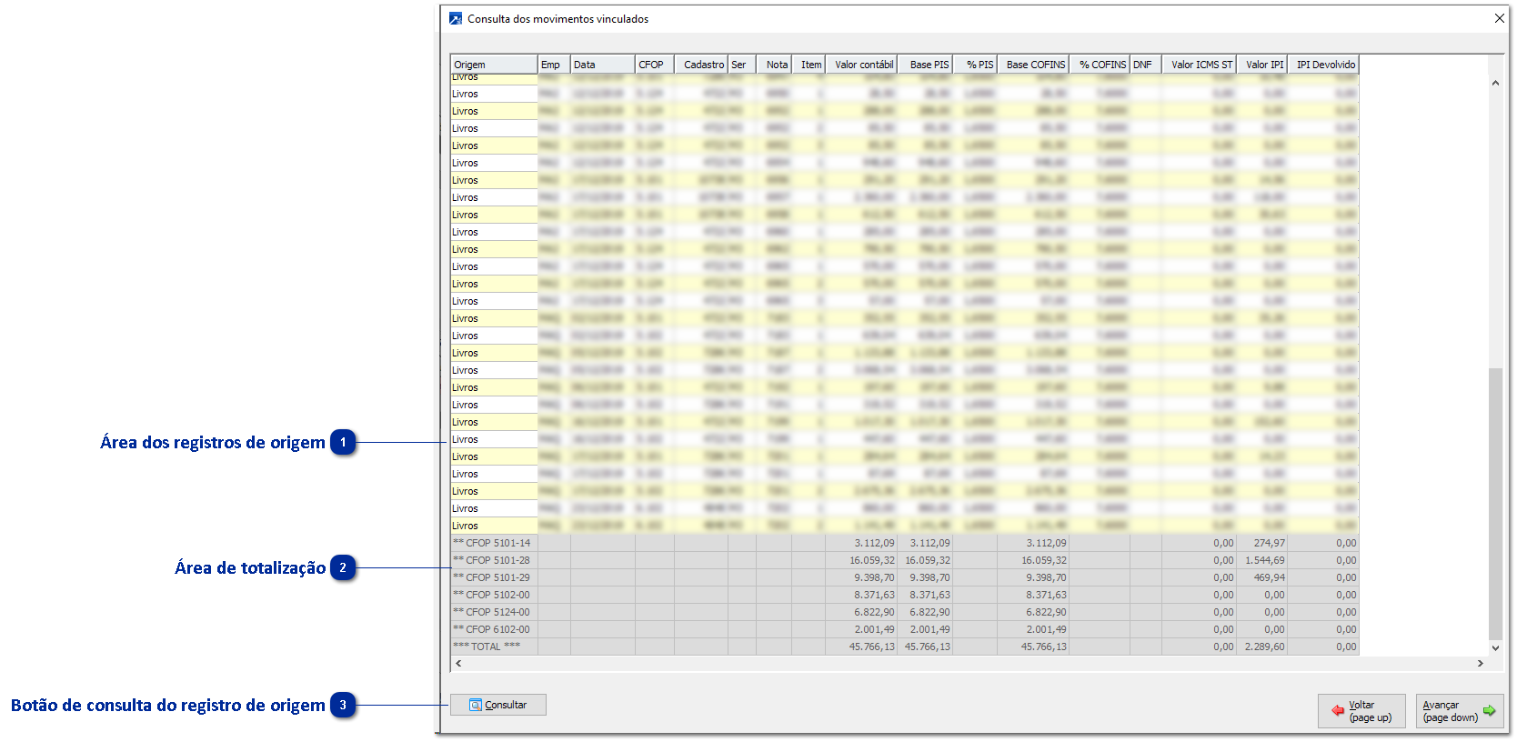 Consulta dos registros de origem