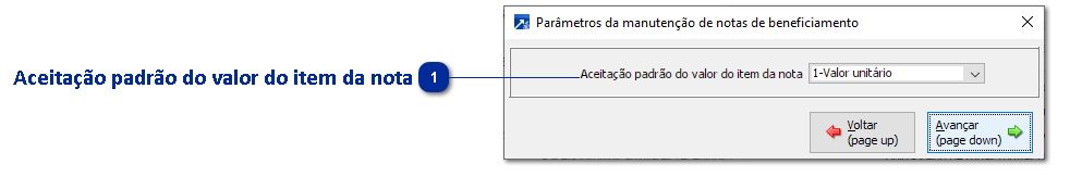Parâmetros da manutenção de notas de beneficiamento