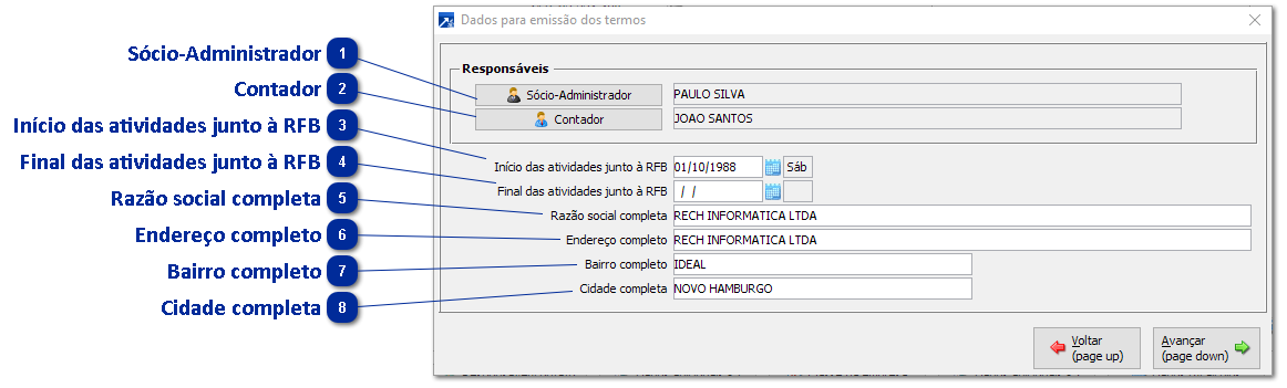 Botão Dados dos Termos