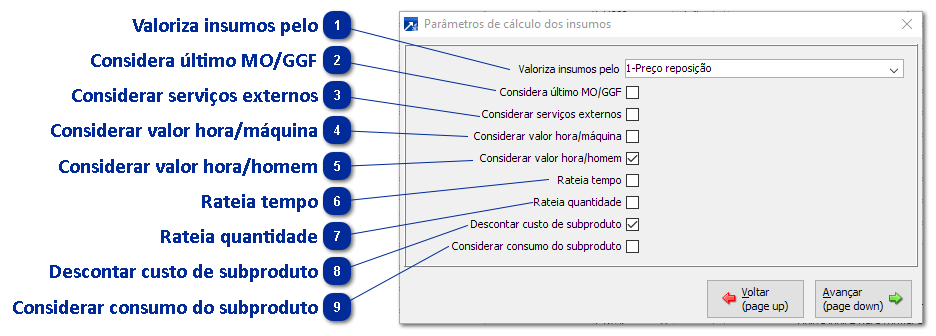 Botão <Parâmetros de Cálculo dos Insumos>