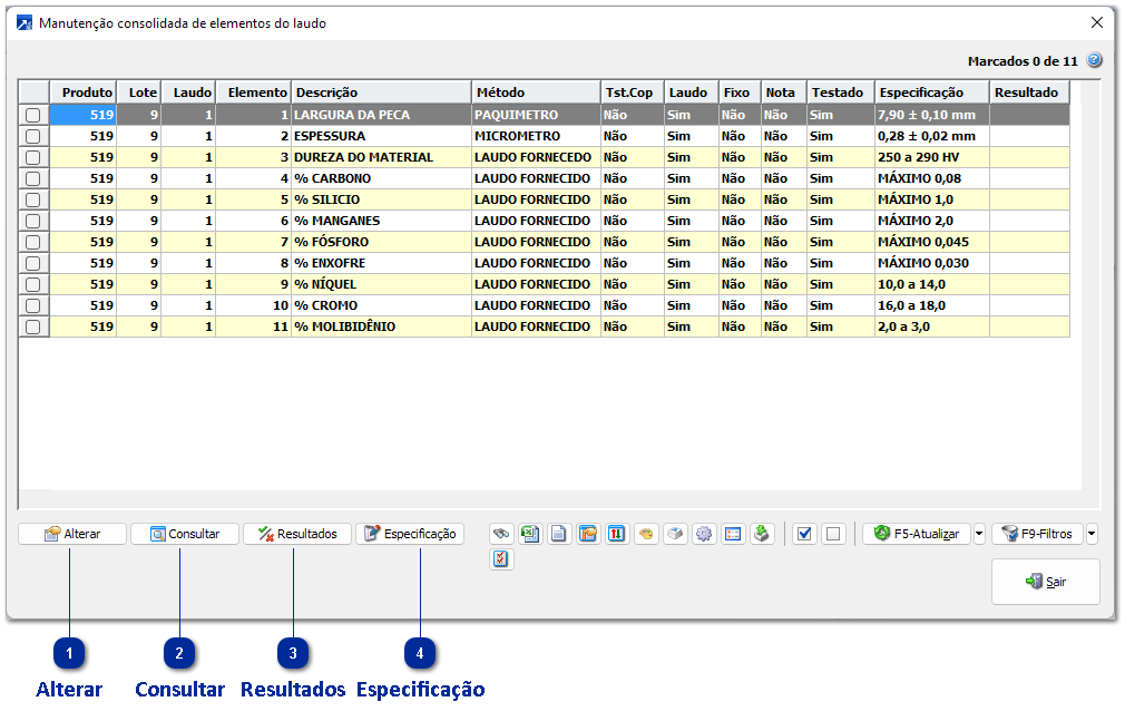 Manutenção consolidada de Elementos do Laudo