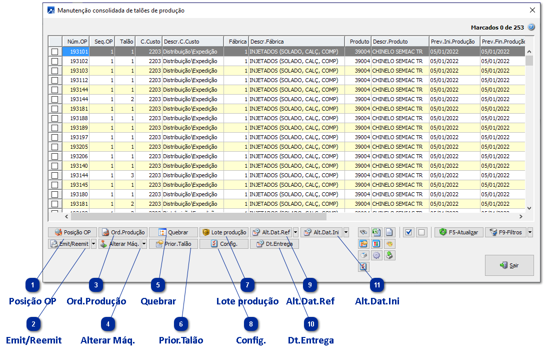 Manutenção consolidada de talões de produção