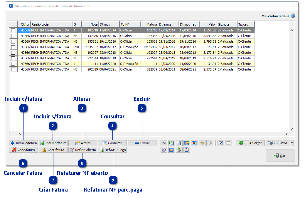Manutenção consolidada de Notas do Financeiro