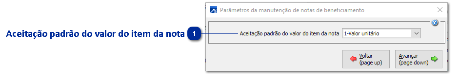Parâmetros da manutenção de notas de beneficiamento