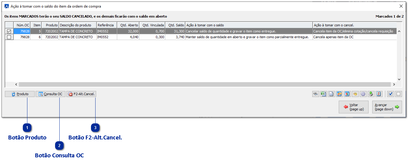 Seleção da ação sobre o saldo do item da Ordem de Compra