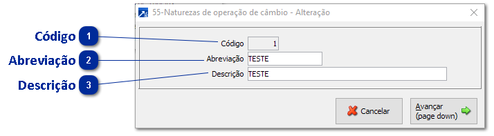 55 - Natureza de Operação de Câmbio