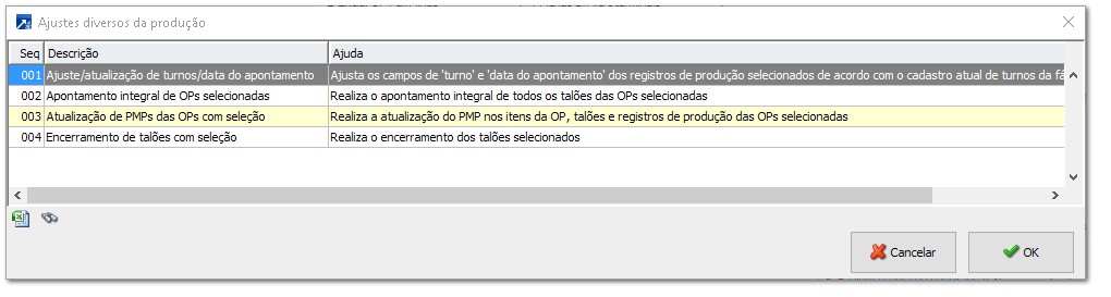 Ajustes diversos da produção