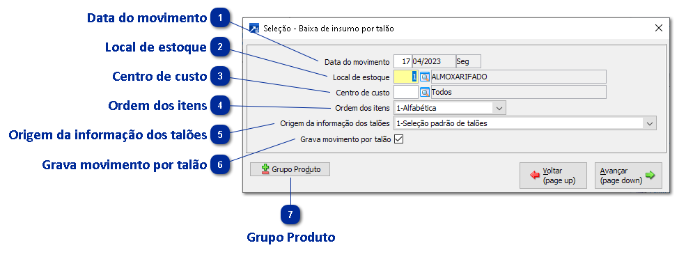 Baixa de insumos por talão