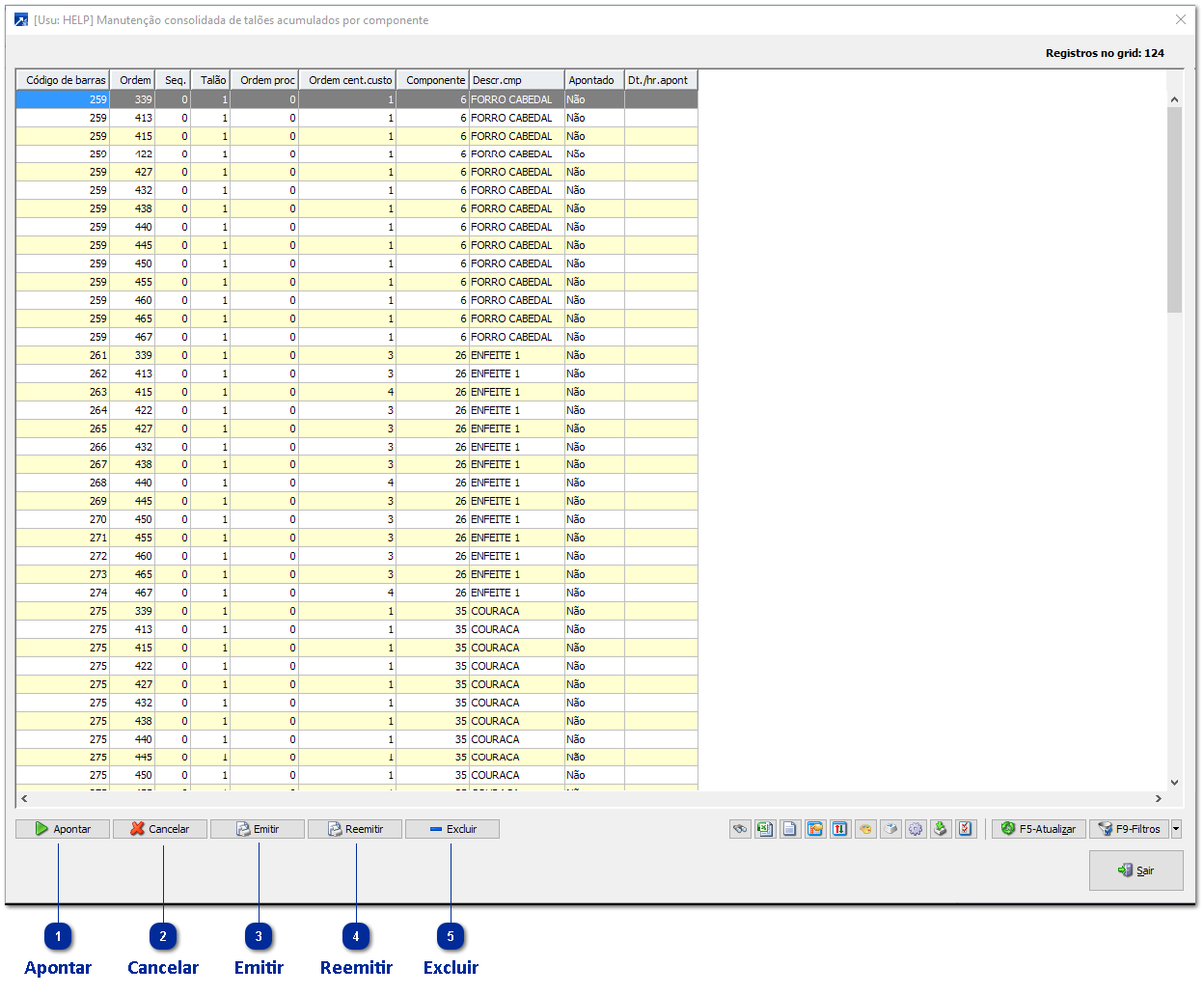 Manutenção consolidada de talões acumulados por componente