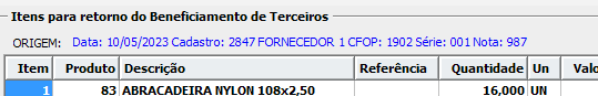 1. Itens para retorno do beneficiamento