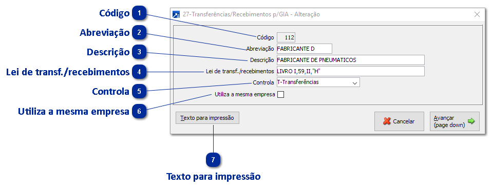 27 - Códigos de Transferências/Recebimentos - GIA