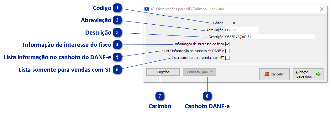 43 - Observações para NF/Carimbo