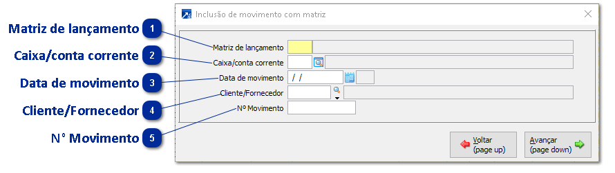 Inclusão de movimento através da matriz de caixa/conta corrente