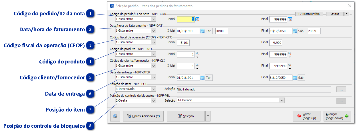 Seleções padrões - Itens do faturamento