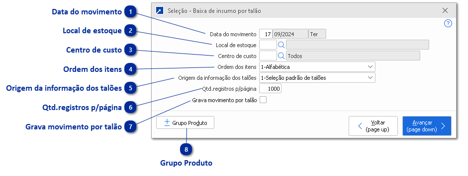 Baixa de insumos por talão