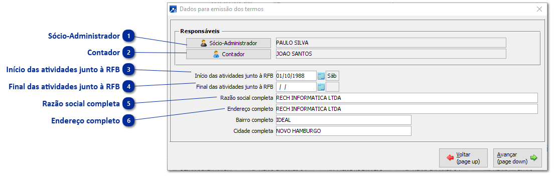 Botão Dados dos Termos
