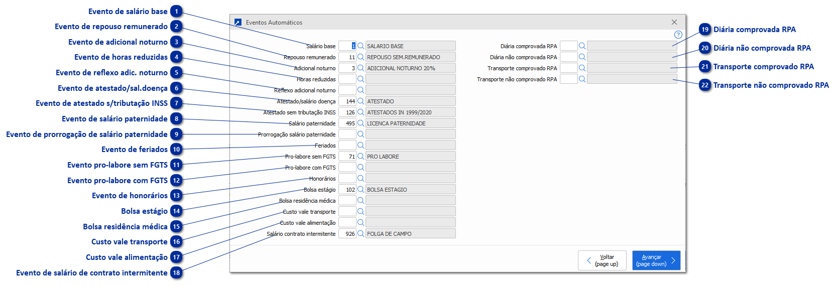 Botão Eventos automáticos