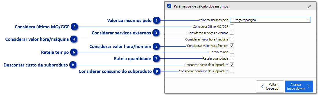 Botão [Parâmetros de Cálculo dos Insumos]