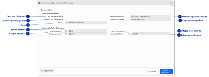 Cfg.Integração - Dados myWms