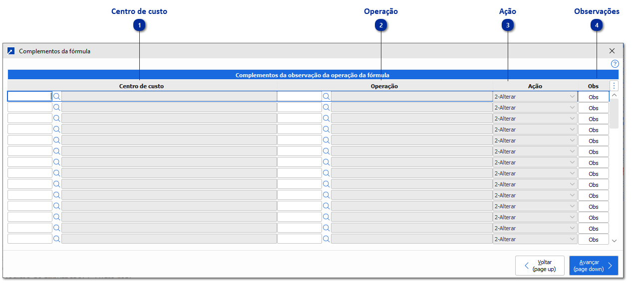 Complementos da operação
