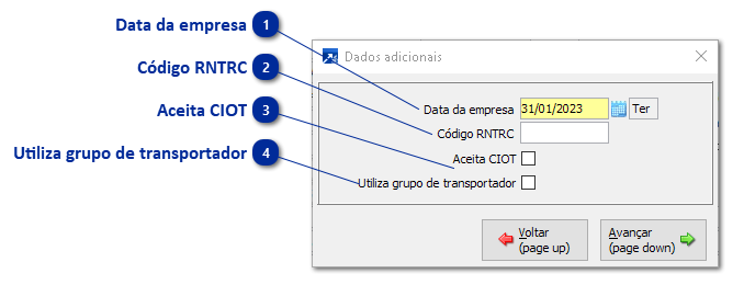 Configurações dos Dados Adicionais da Empresa do Módulo Transporte e Logística