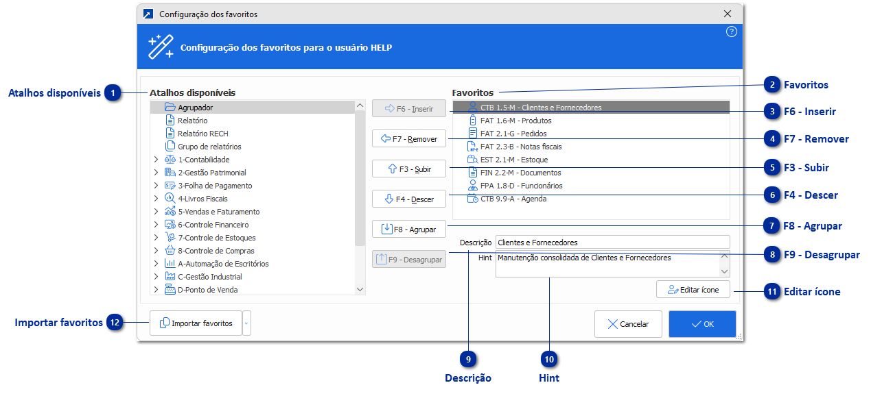 Configuração dos Favoritos